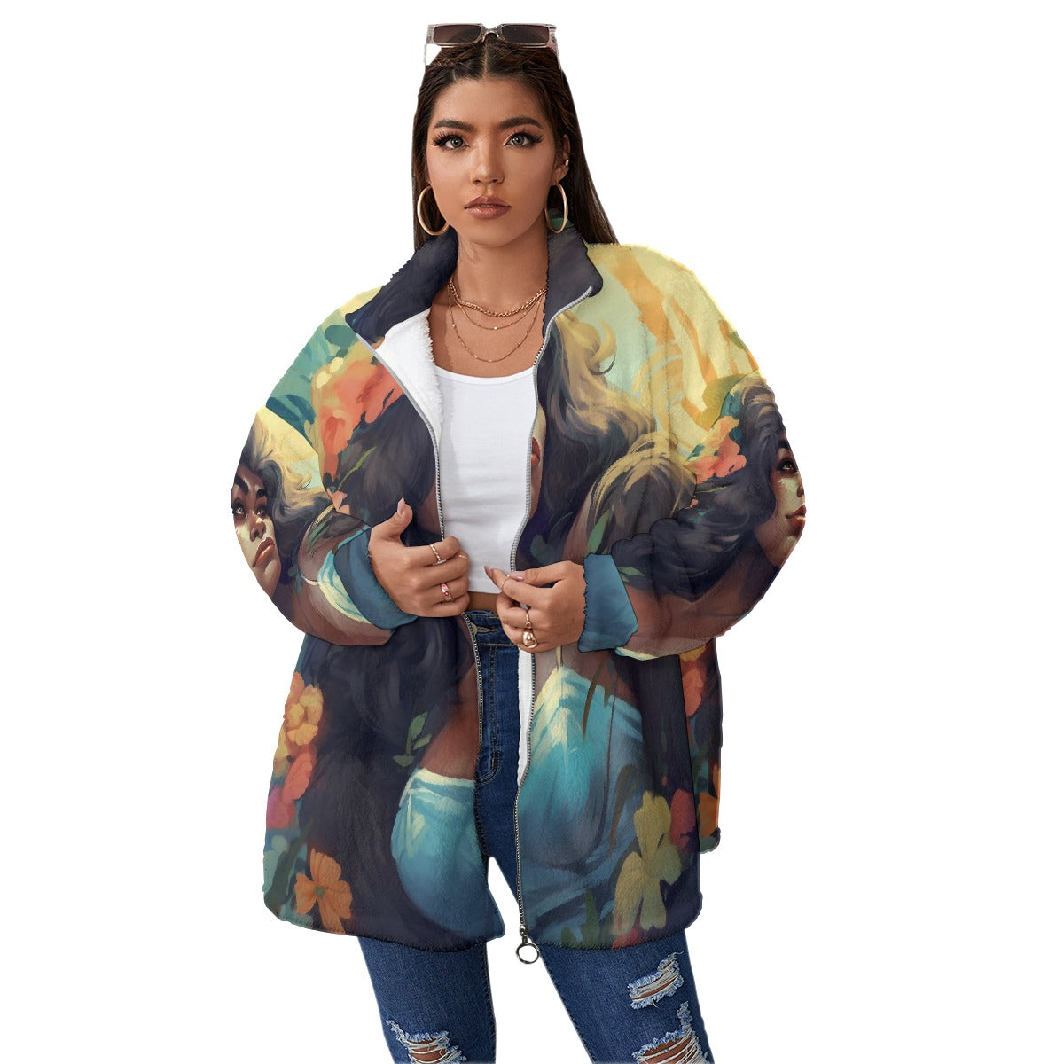 All-Over Print Unisex Borg Fleece Stand-up Collar Coat With Zipper Closure(Plus Size)