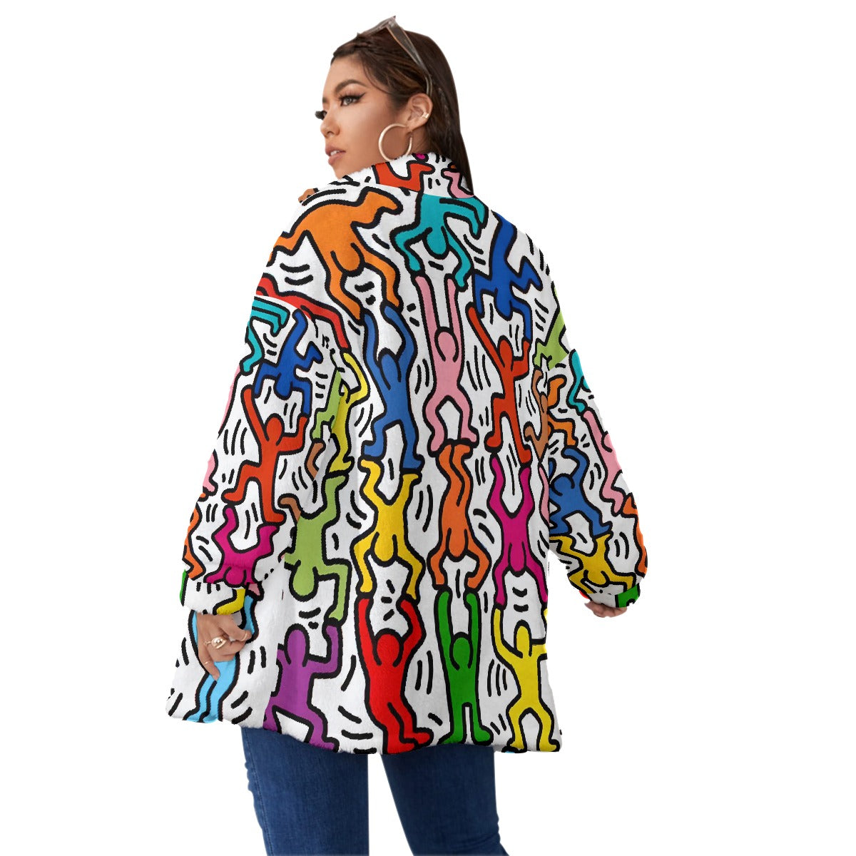 All-Over Print Unisex Borg Fleece Stand-up Collar Coat With Zipper Closure(Plus Size)
