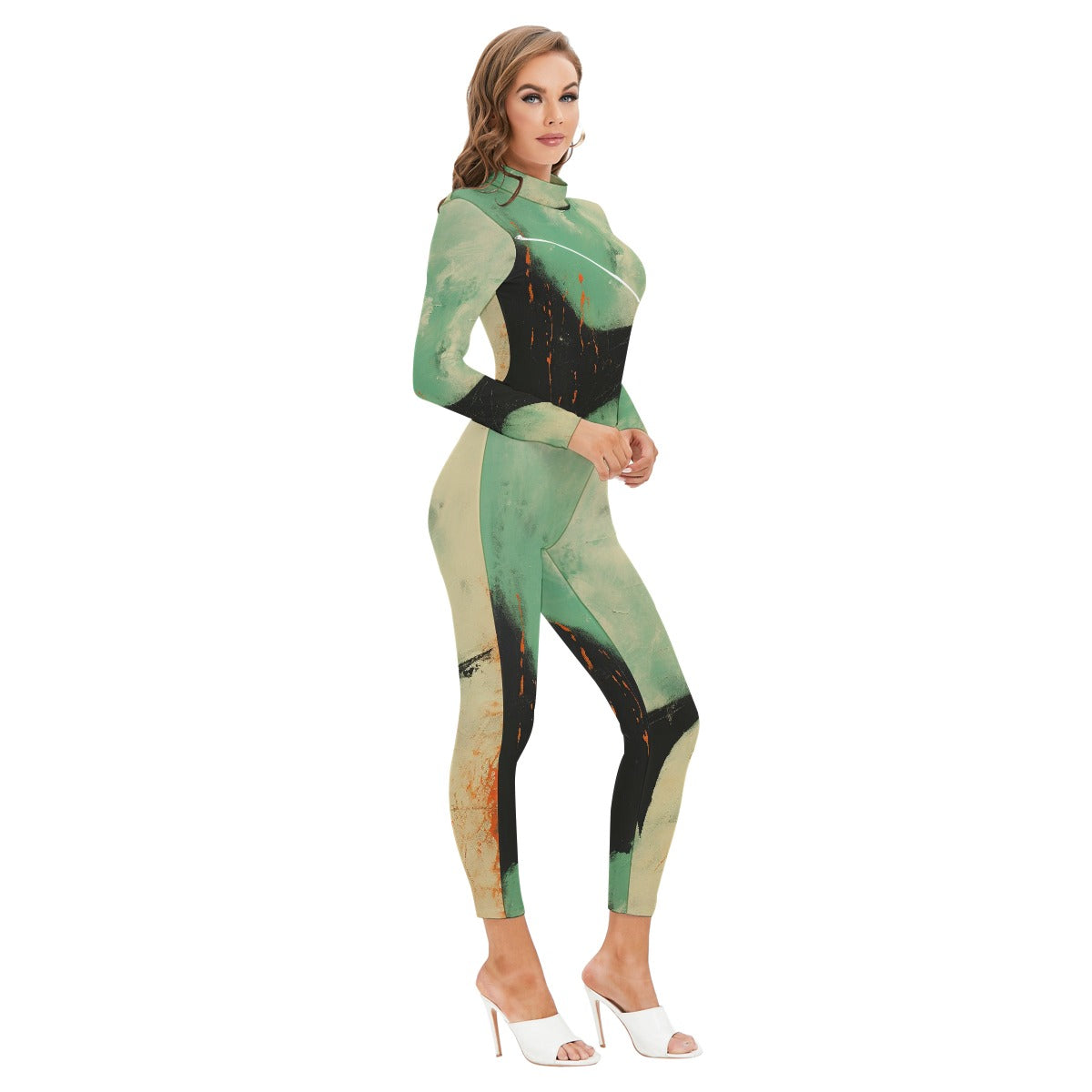 All-Over Print Women's Long-sleeved High-neck Jumpsuit With Zipper
