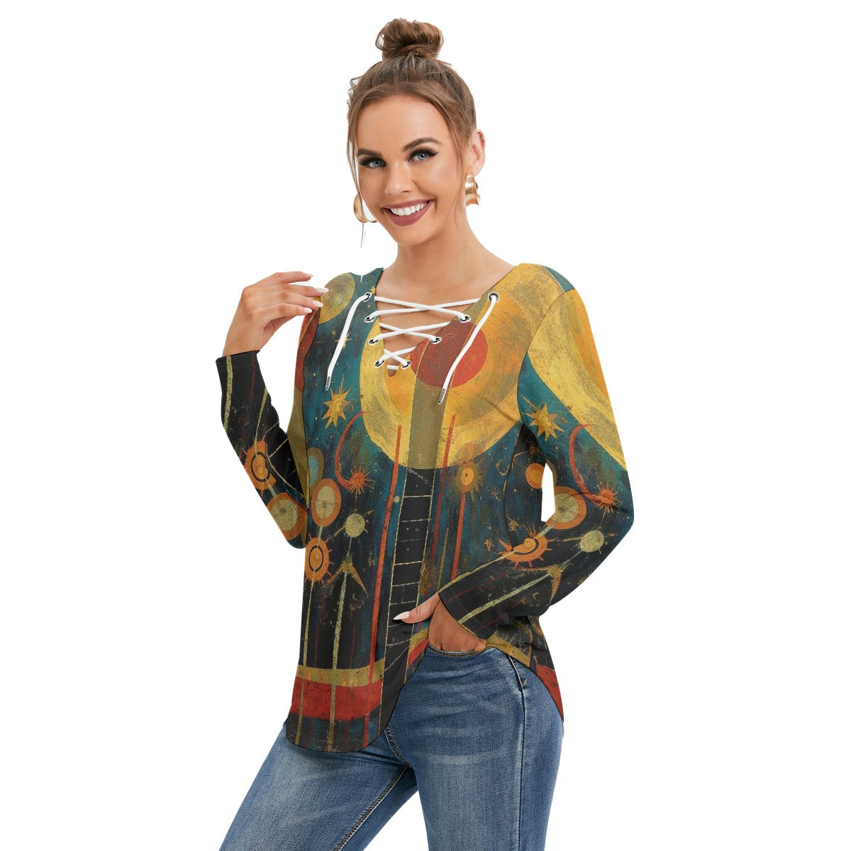 All-Over Print Women's Long Sleeve Neckline Tie Sweatshirt