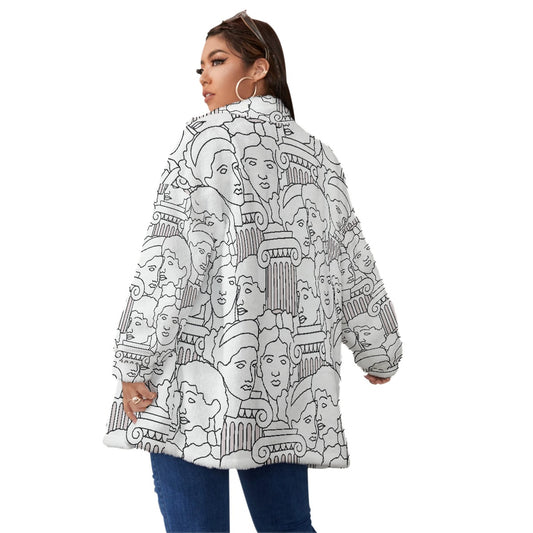 All-Over Print Unisex Borg Fleece Stand-up Collar Coat With Zipper Closure(Plus Size)