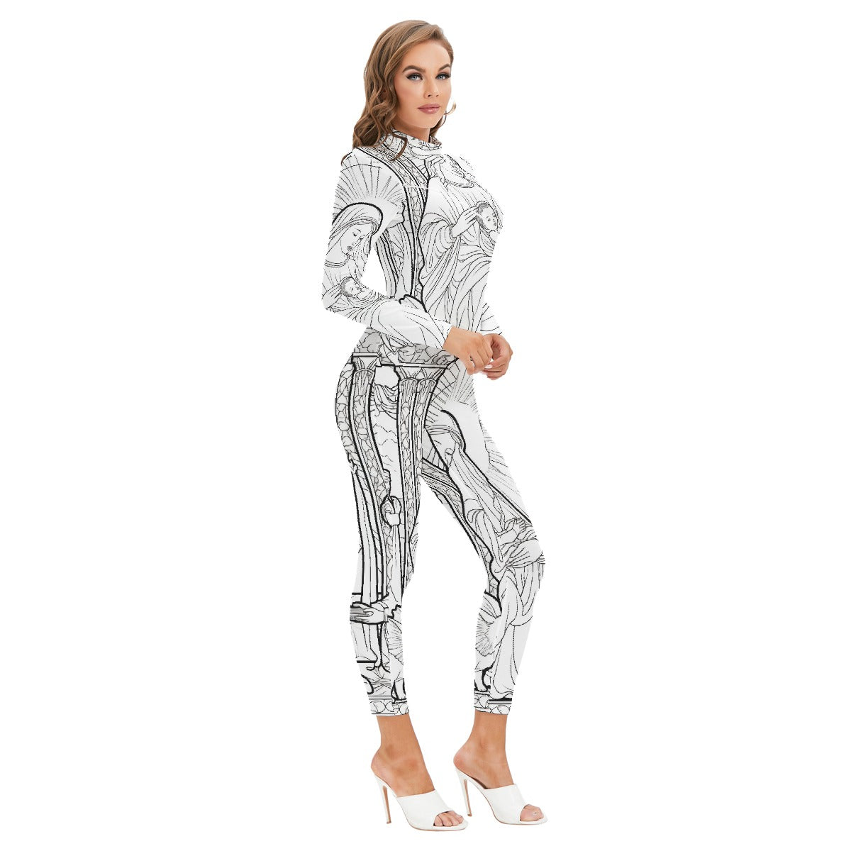 All-Over Print Women's Long-sleeved High-neck Jumpsuit With Zipper