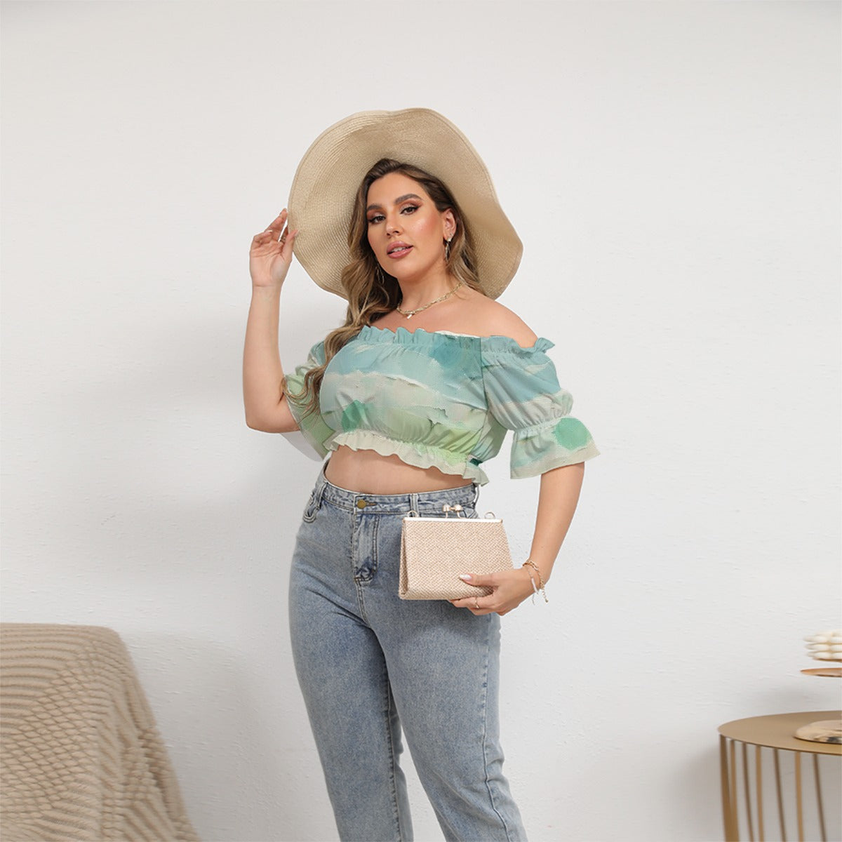 All-Over Print Women's Off-shoulder Cropped Top With Short Puff Sleeve