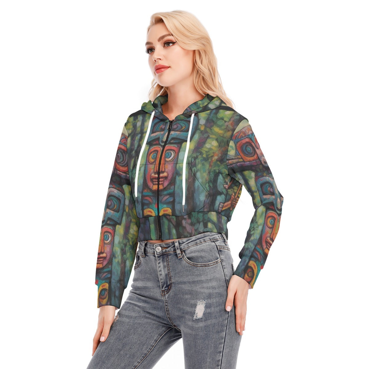 All-Over Print Women's Crop Top Hoodie With Zipper Closure