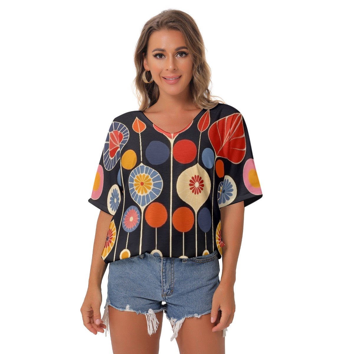 All-Over Print Women's Bat Sleeves V-Neck Blouse