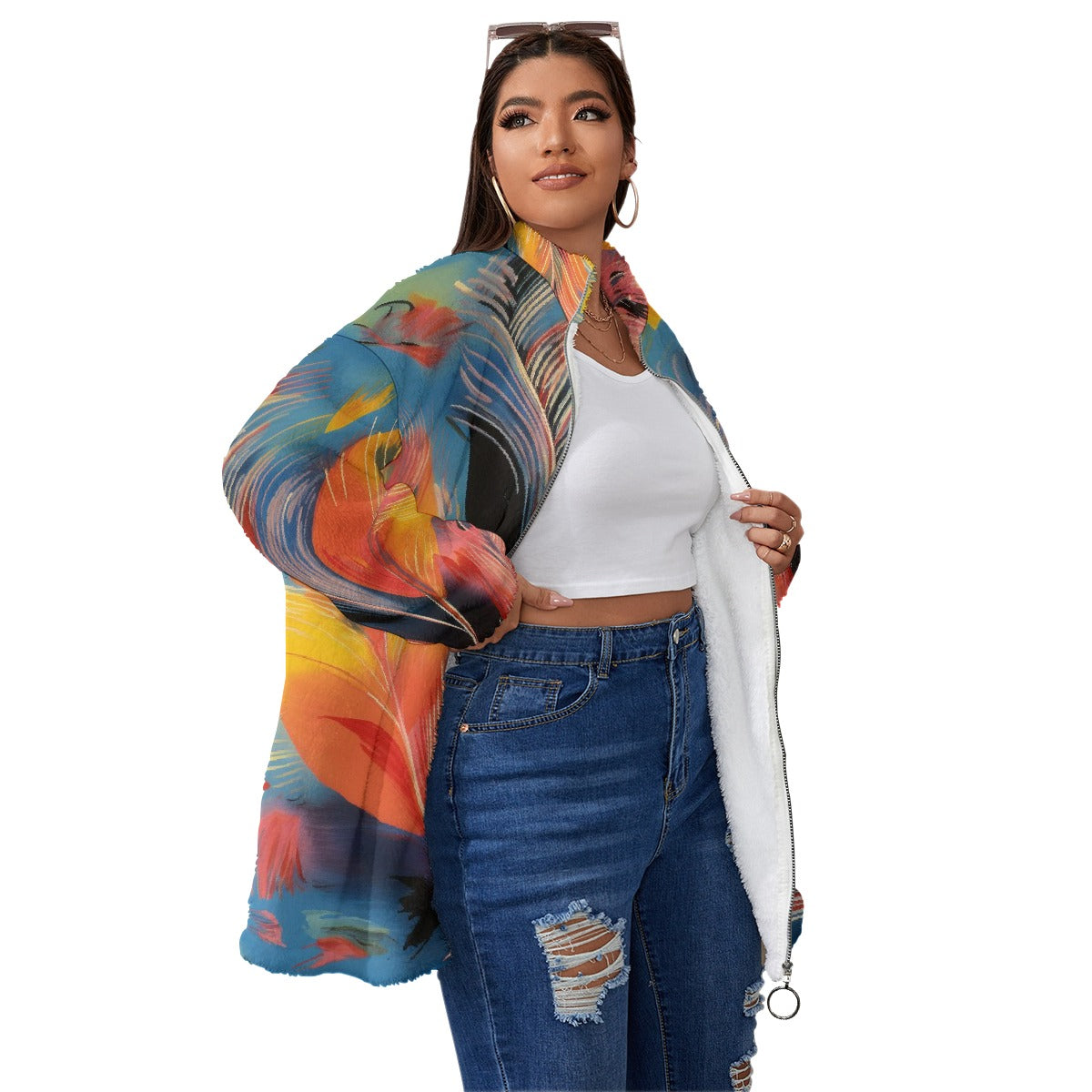 All-Over Print Unisex Borg Fleece Stand-up Collar Coat With Zipper Closure(Plus Size)