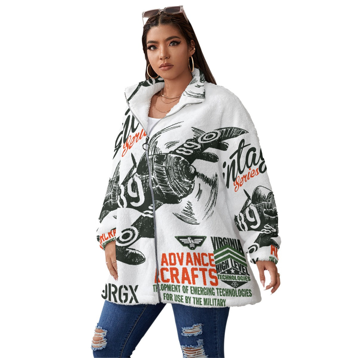 All-Over Print Unisex Borg Fleece Stand-up Collar Coat With Zipper Closure(Plus Size)