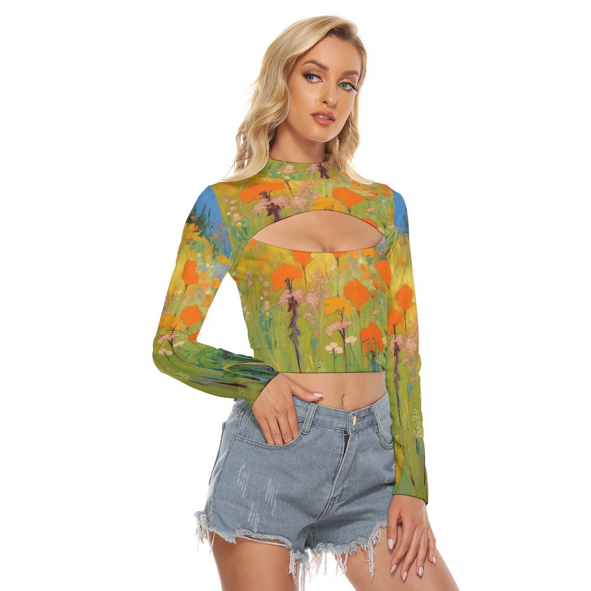 All-Over Print Women's Hollow Chest Keyhole Tight Crop Top