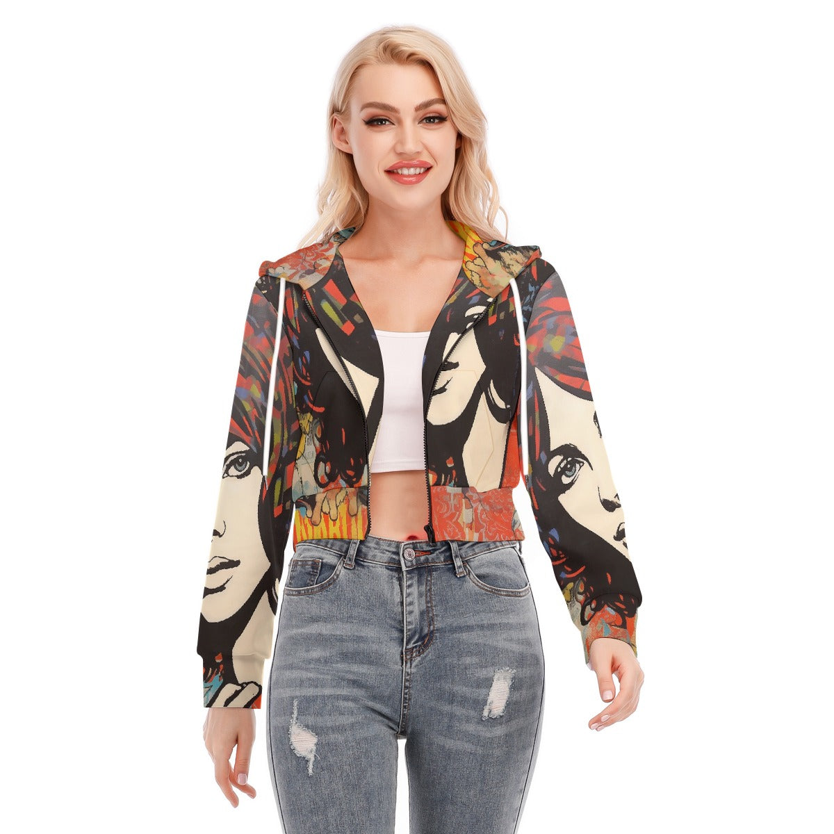 All-Over Print Women's Crop Top Hoodie With Zipper Closure