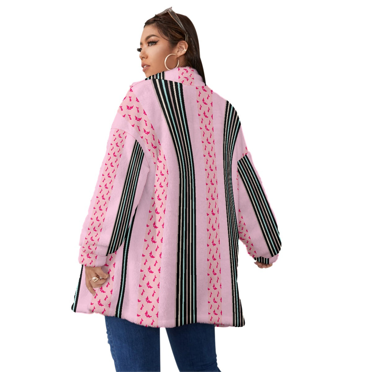 All-Over Print Unisex Borg Fleece Stand-up Collar Coat With Zipper Closure(Plus Size)