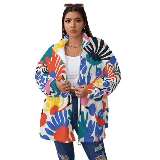 All-Over Print Unisex Borg Fleece Stand-up Collar Coat With Zipper Closure(Plus Size)