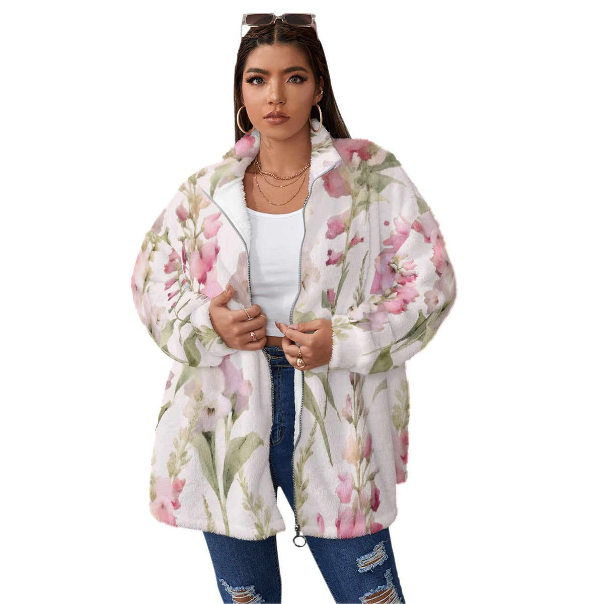 All-Over Print Unisex Borg Fleece Stand-up Collar Coat With Zipper Closure(Plus Size)