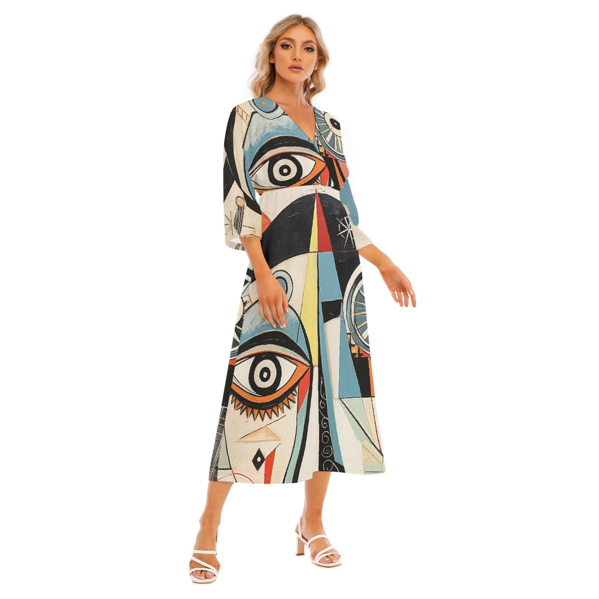 All-Over Print Women's Mid-Sleeve Long Dress