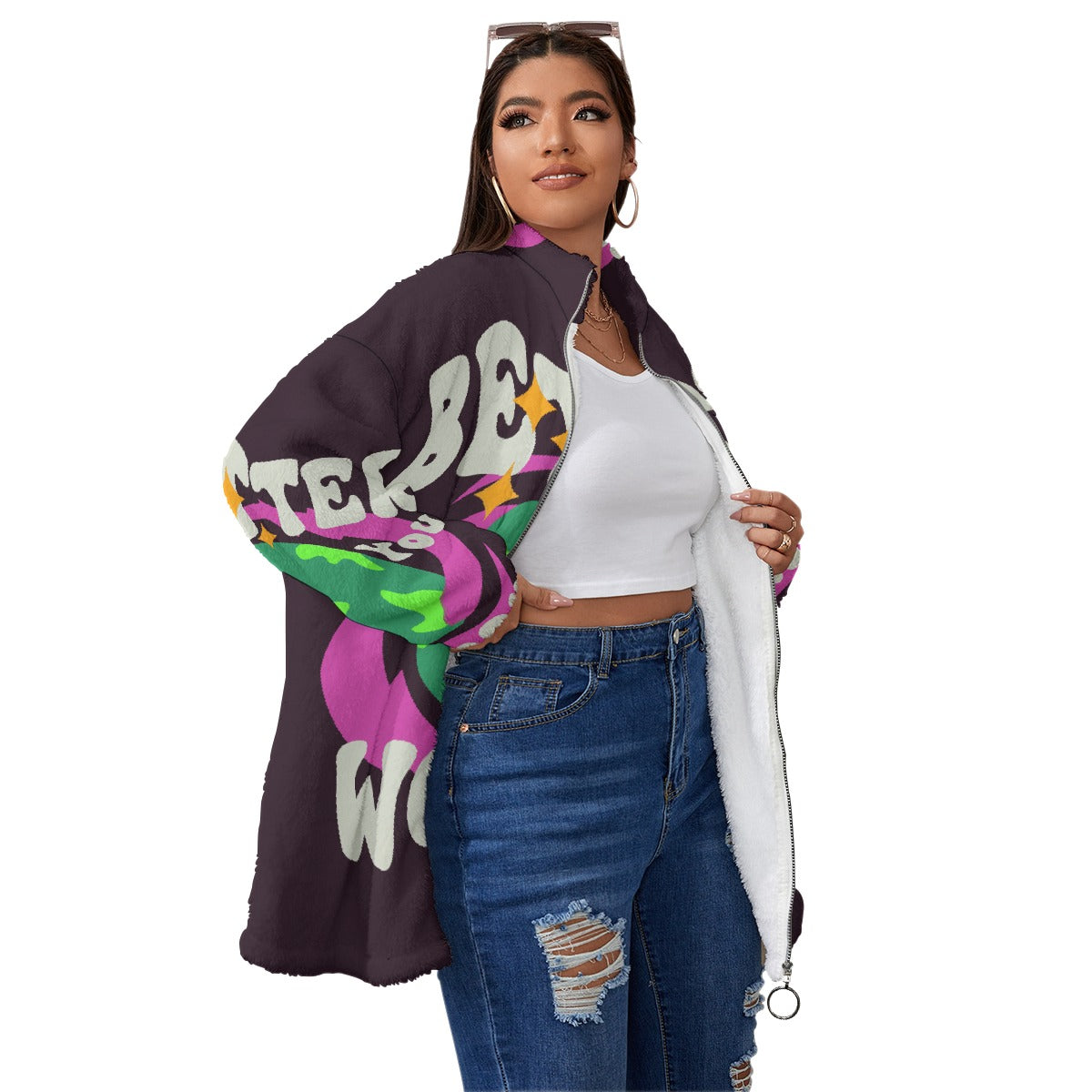 All-Over Print Unisex Borg Fleece Stand-up Collar Coat With Zipper Closure(Plus Size)