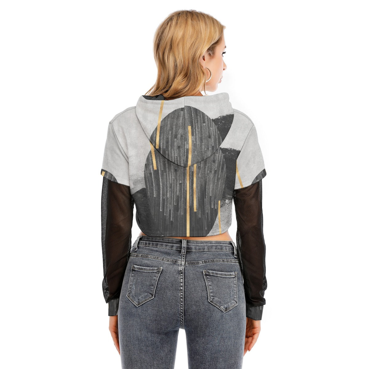 All-Over Print Women's Fake Two-piece Mesh Sleeve Cropped Hoodie