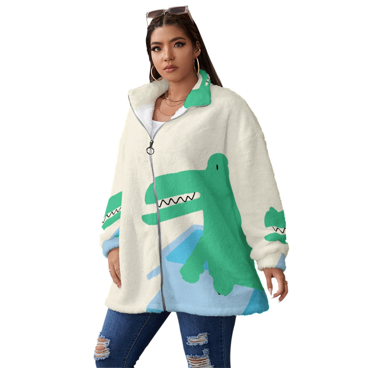 All-Over Print Unisex Borg Fleece Stand-up Collar Coat With Zipper Closure(Plus Size)