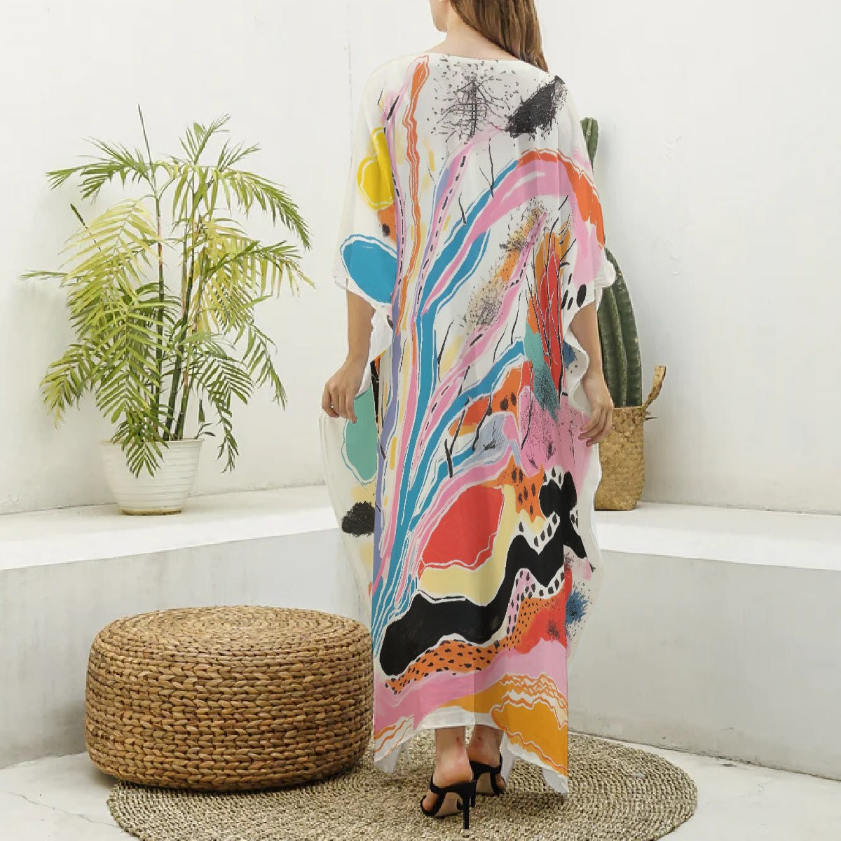 All-Over Print Women's Imitation Silk V-neck Kaftan Robe