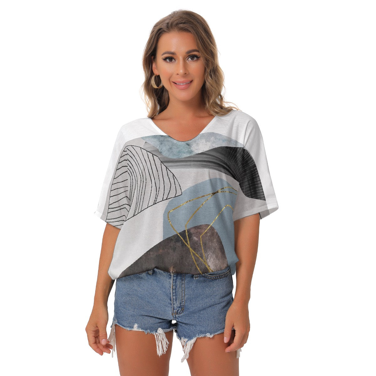 All-Over Print Women's Bat Sleeves V-Neck Blouse