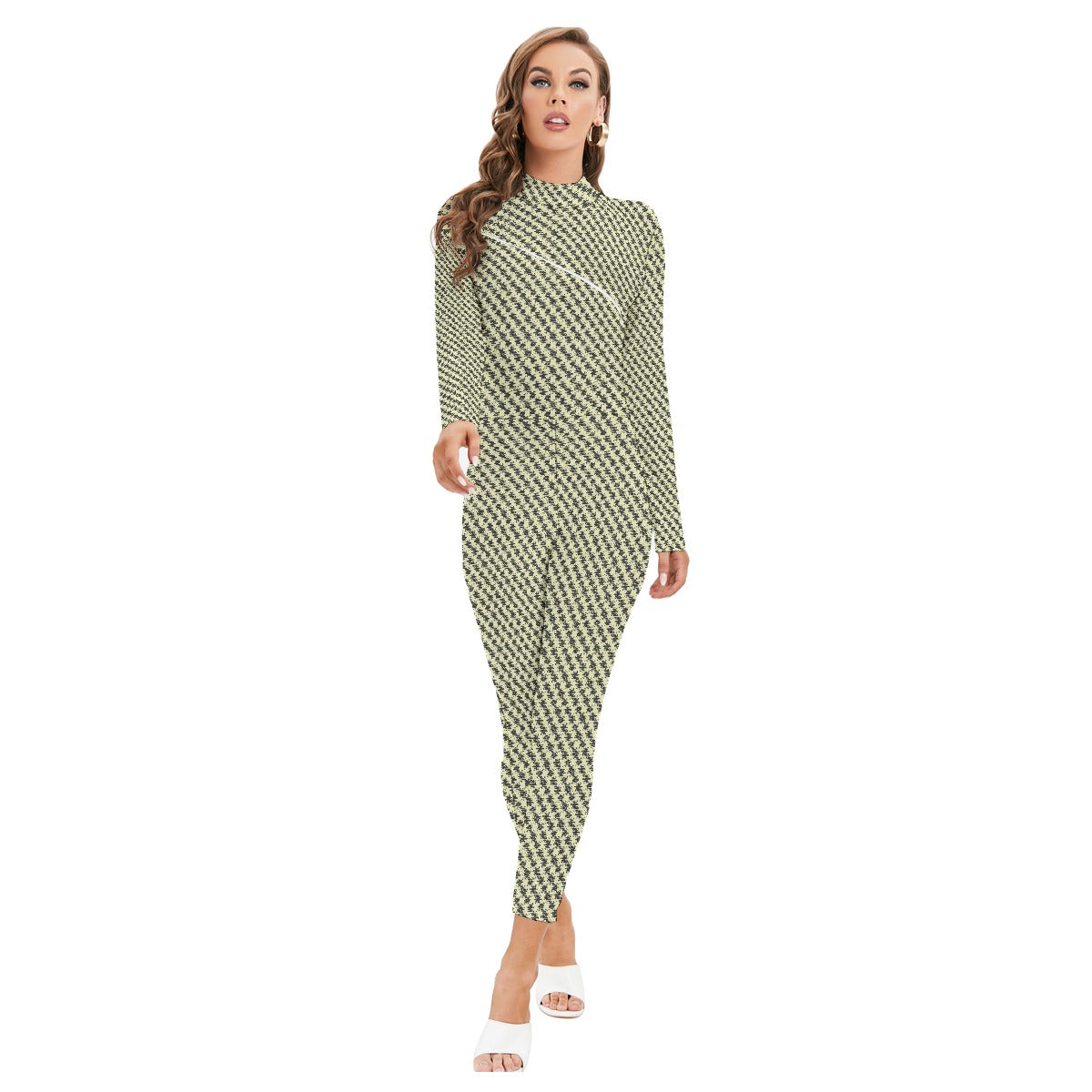 All-Over Print Women's Long-sleeved High-neck Jumpsuit With Zipper