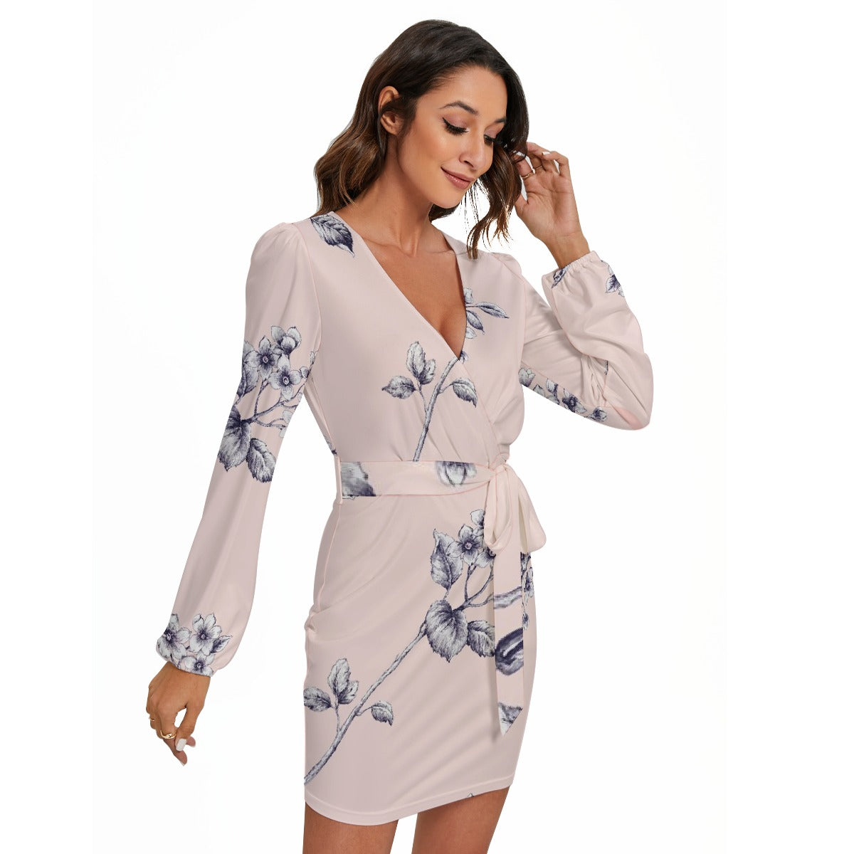 All-Over Print Women's Long Sleeve Dress With Waist Belt