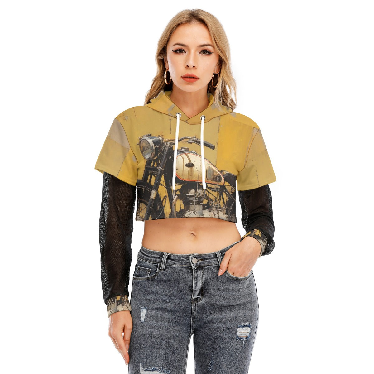 All-Over Print Women's Fake Two-piece Mesh Sleeve Cropped Hoodie