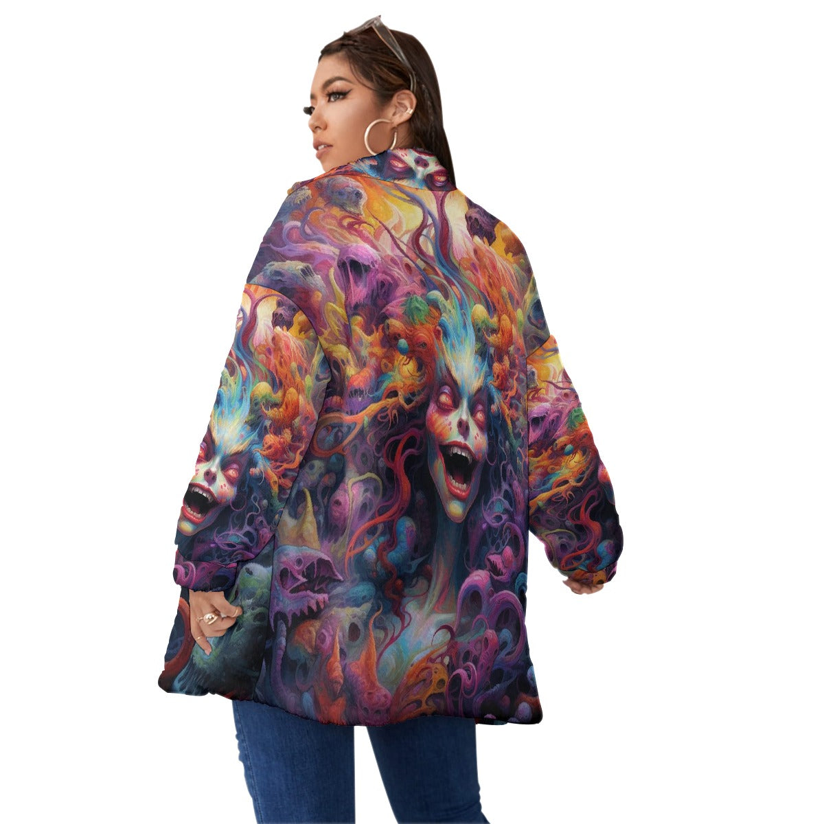 All-Over Print Unisex Borg Fleece Stand-up Collar Coat With Zipper Closure(Plus Size)