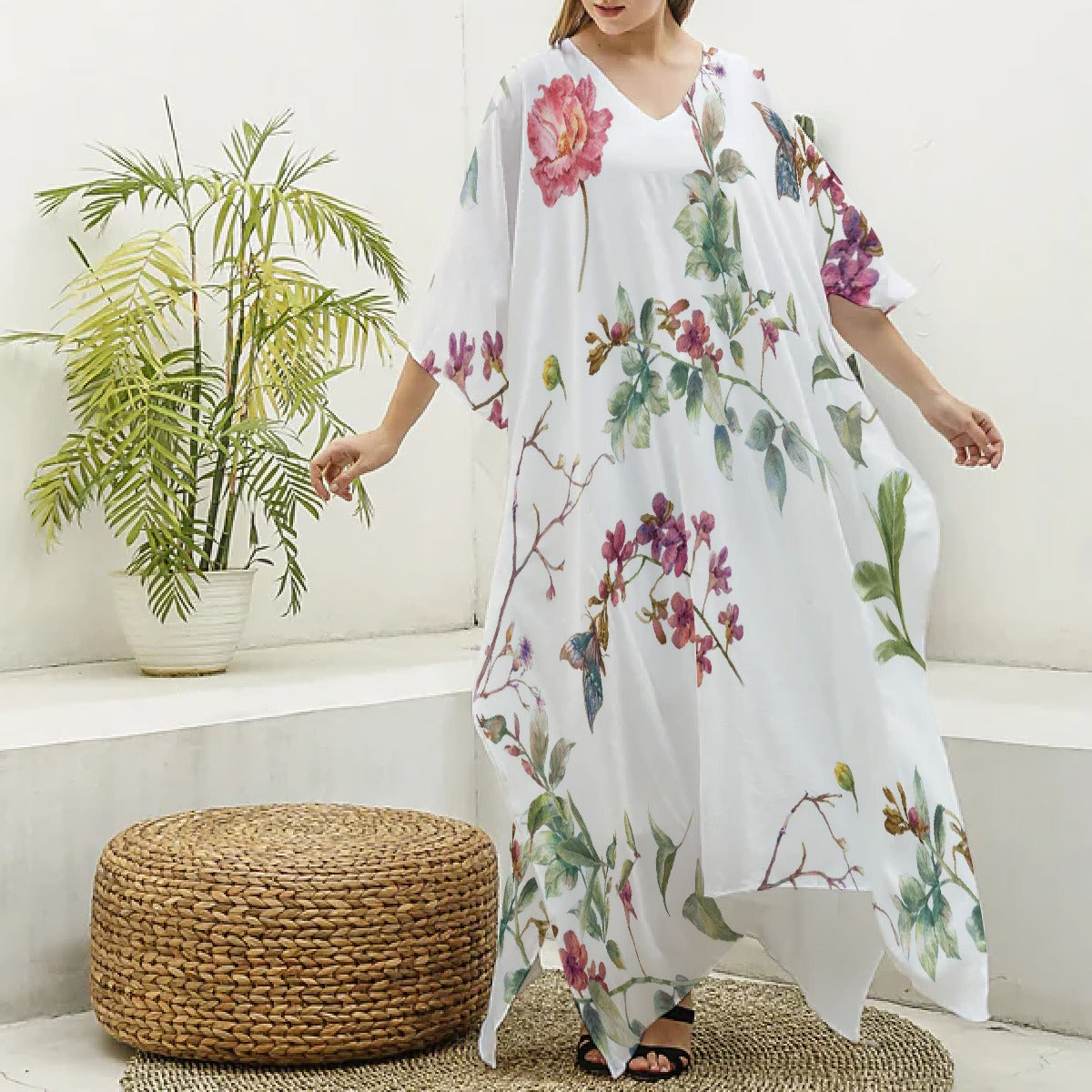 All-Over Print Women's Imitation Silk V-neck Kaftan Robe
