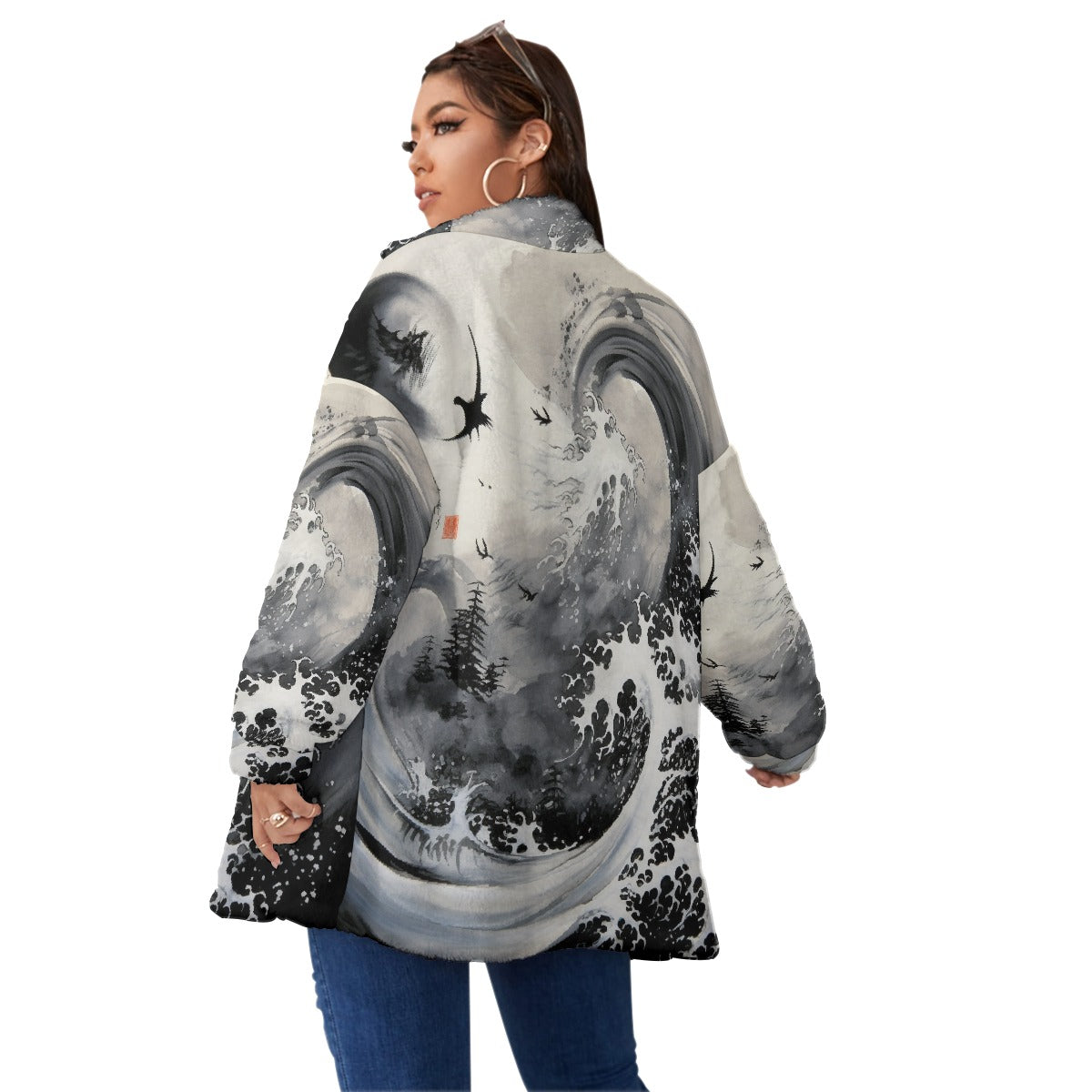 All-Over Print Unisex Borg Fleece Stand-up Collar Coat With Zipper Closure(Plus Size)