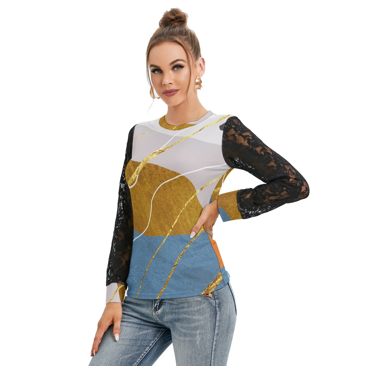 All-Over Print Women's T-shirt And Sleeve With Black Lace