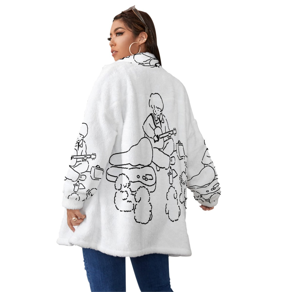 All-Over Print Unisex Borg Fleece Stand-up Collar Coat With Zipper Closure(Plus Size)