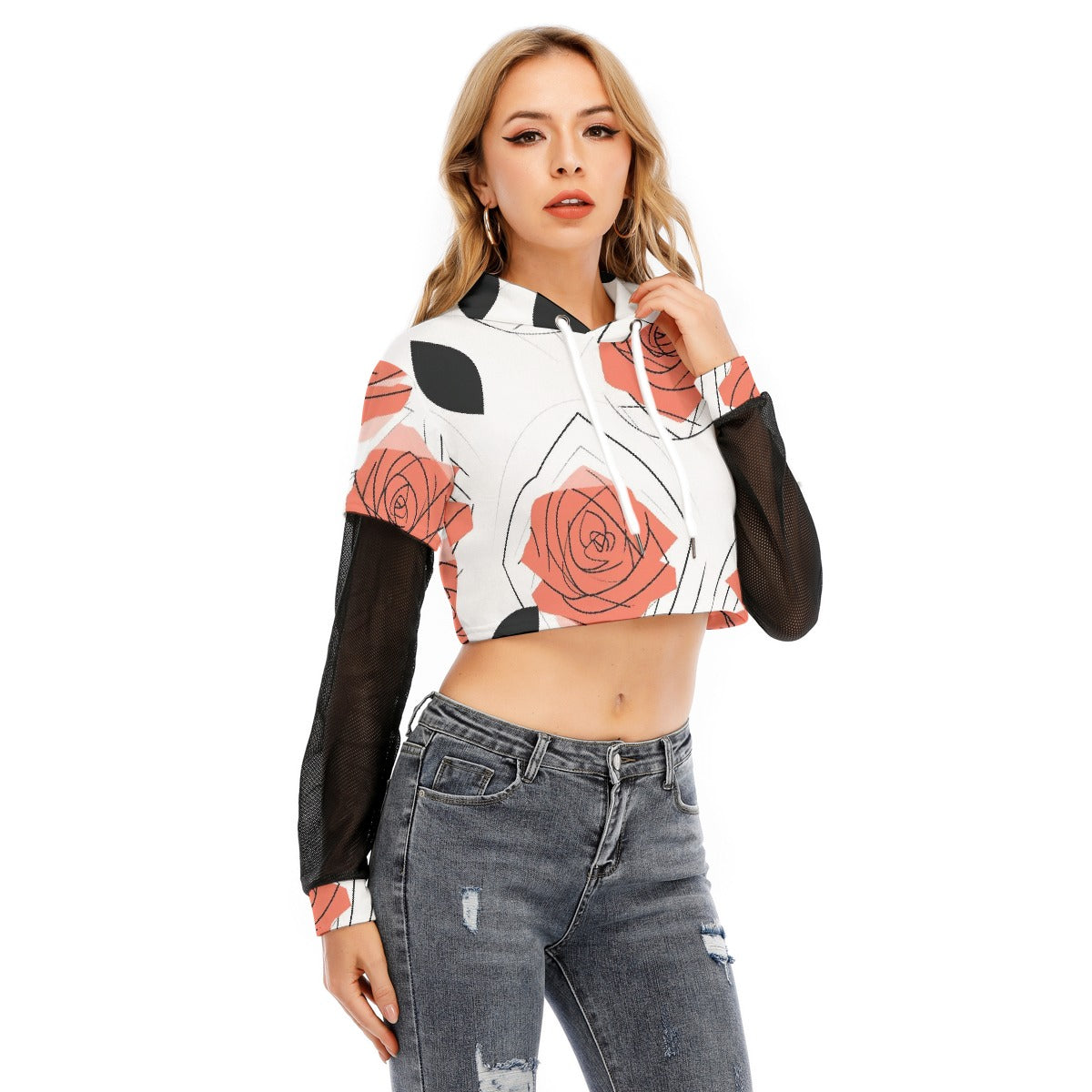 All-Over Print Women's Fake Two-piece Mesh Sleeve Cropped Hoodie