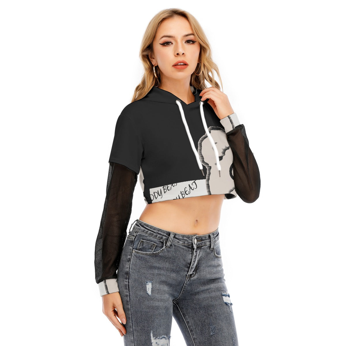 All-Over Print Women's Fake Two-piece Mesh Sleeve Cropped Hoodie