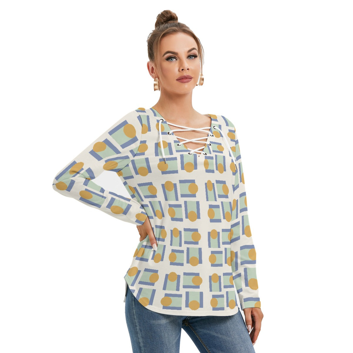 All-Over Print Women's Long Sleeve Neckline Tie Sweatshirt