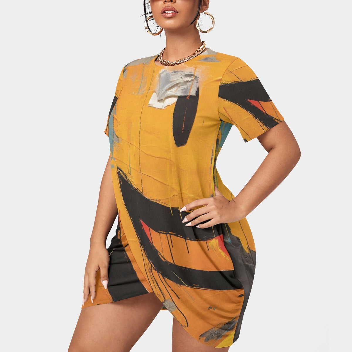 All-Over Print Women’s Stacked Hem Dress With Short Sleeve（Plus Size）