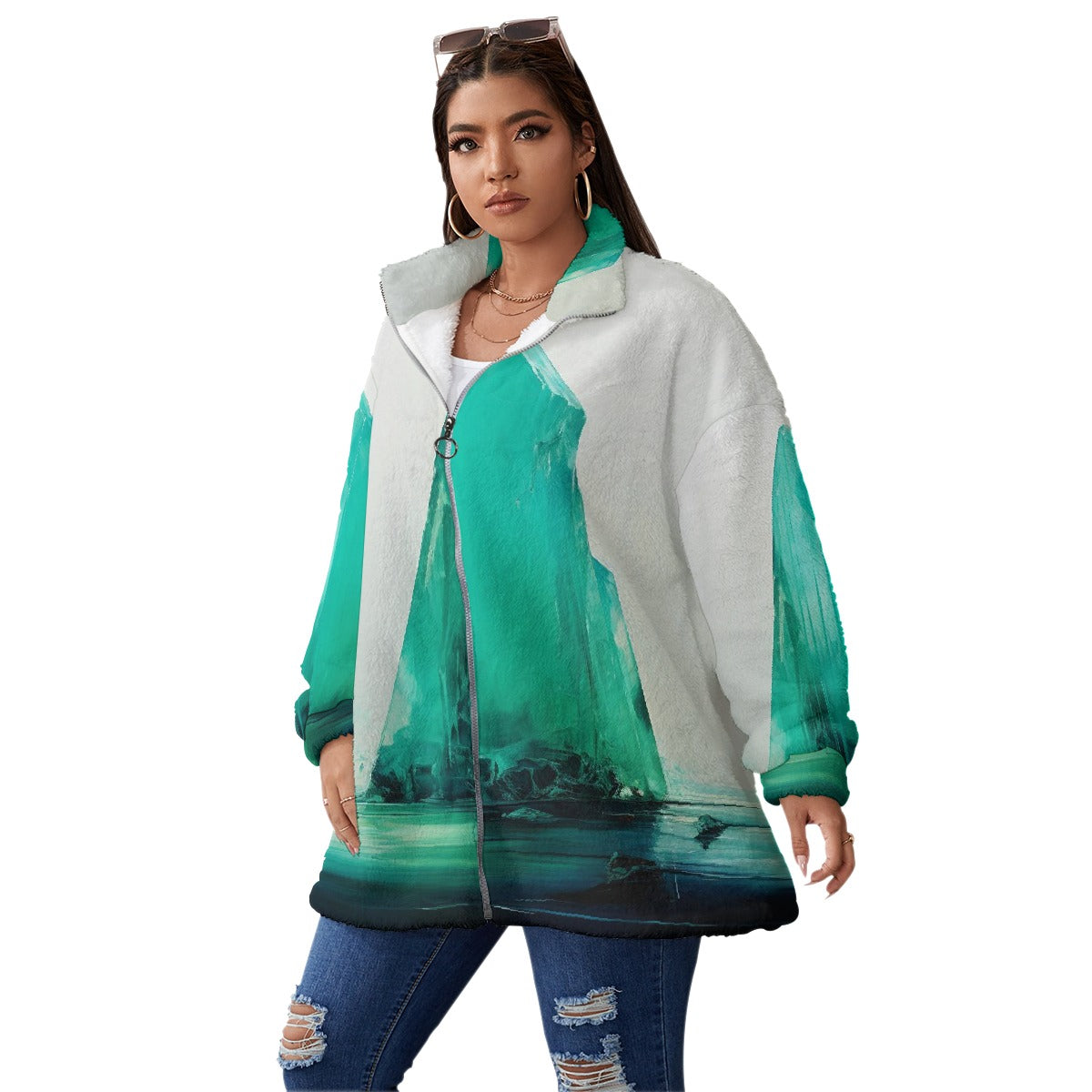 All-Over Print Unisex Borg Fleece Stand-up Collar Coat With Zipper Closure(Plus Size)