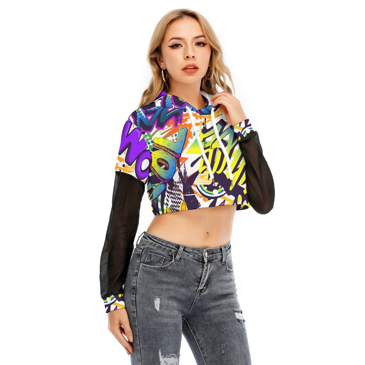 All-Over Print Women's Fake Two-piece Mesh Sleeve Cropped Hoodie