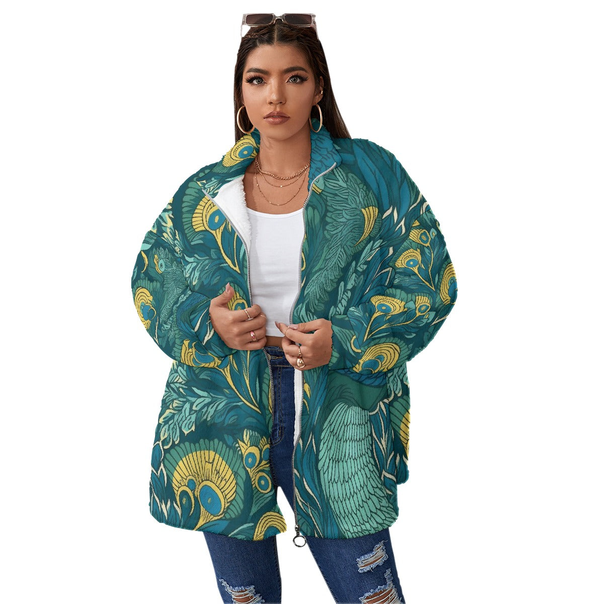 All-Over Print Unisex Borg Fleece Stand-up Collar Coat With Zipper Closure(Plus Size)