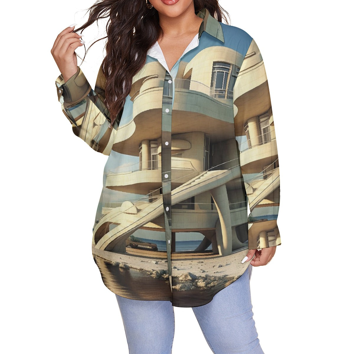 All-Over Print Women's Shirt With Long Sleeve(Plus Size)