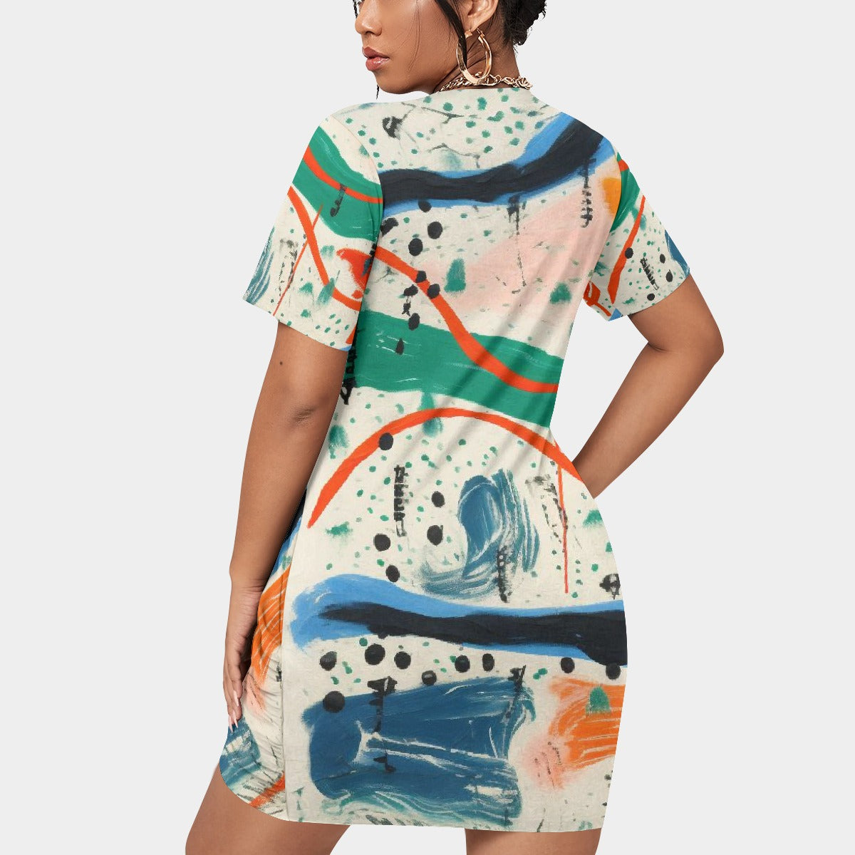 All-Over Print Women’s Stacked Hem Dress With Short Sleeve（Plus Size）