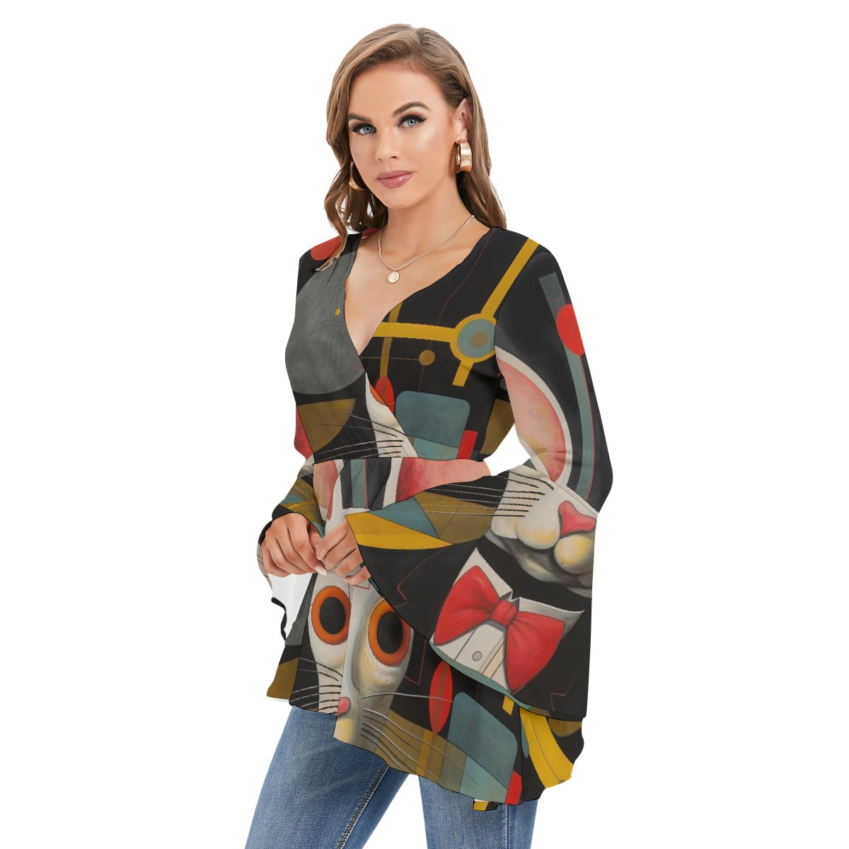 All-Over Print Women's V-neck Blouse With Flared Sleeves