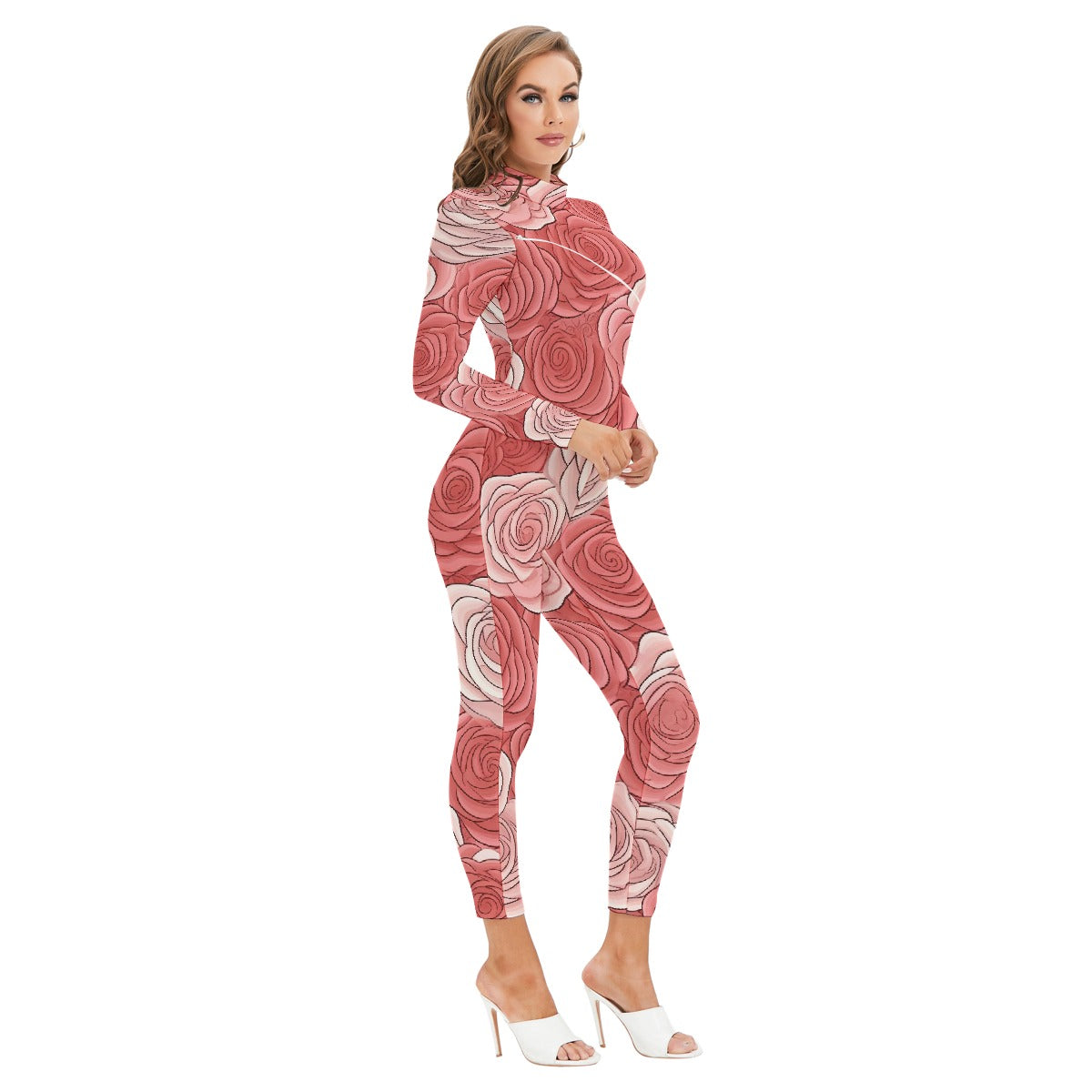 All-Over Print Women's Long-sleeved High-neck Jumpsuit With Zipper