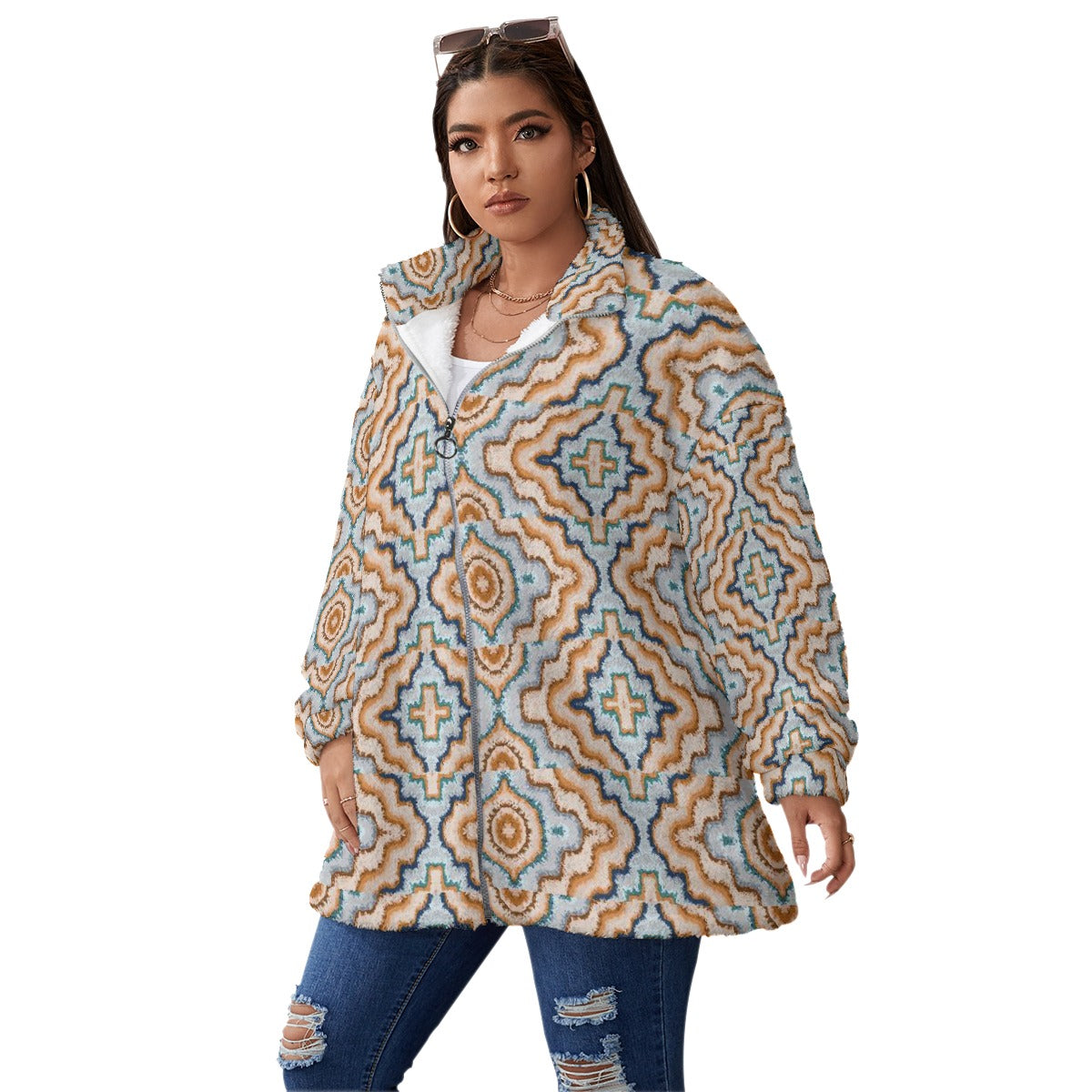 All-Over Print Unisex Borg Fleece Stand-up Collar Coat With Zipper Closure(Plus Size)