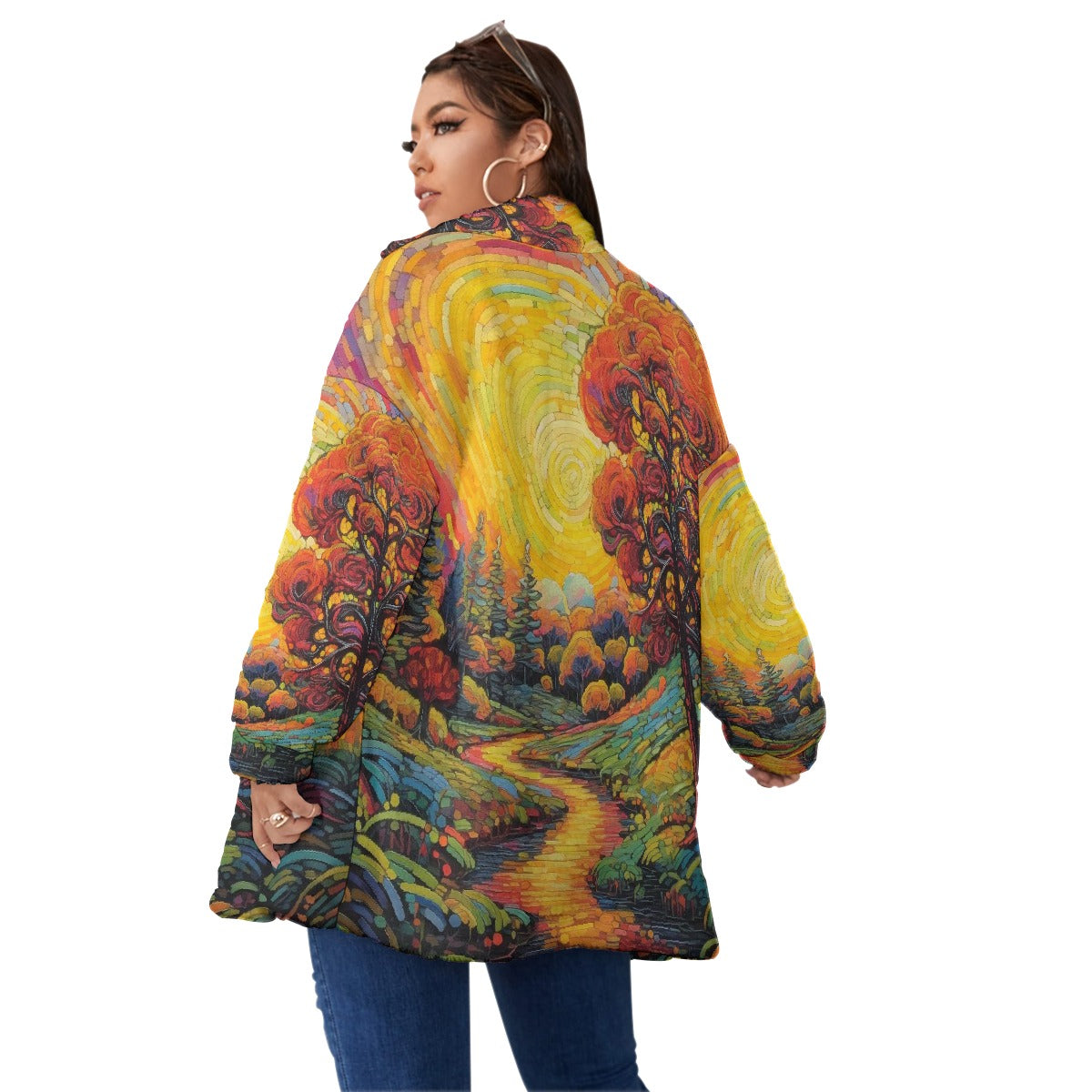 All-Over Print Unisex Borg Fleece Stand-up Collar Coat With Zipper Closure(Plus Size)