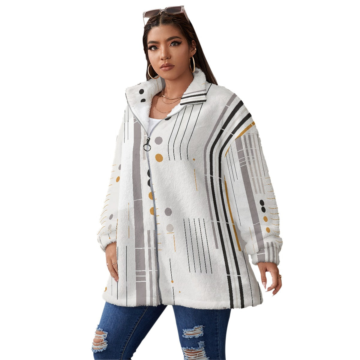 All-Over Print Unisex Borg Fleece Stand-up Collar Coat With Zipper Closure(Plus Size)