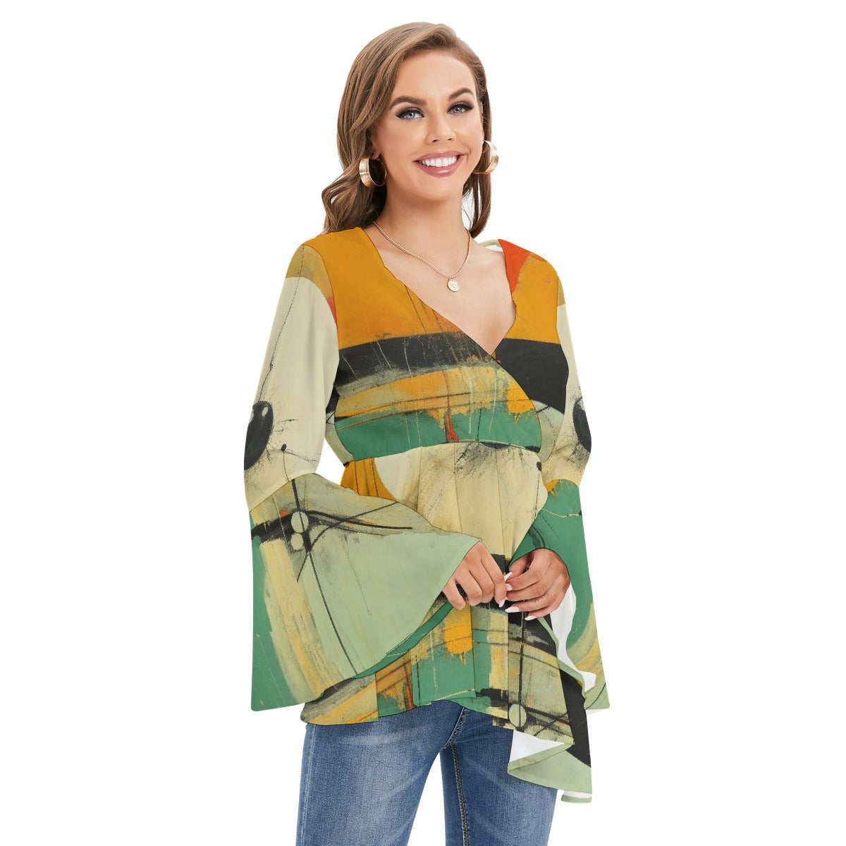All-Over Print Women's V-neck Blouse With Flared Sleeves