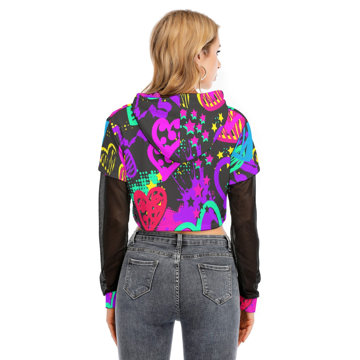All-Over Print Women's Fake Two-piece Mesh Sleeve Cropped Hoodie