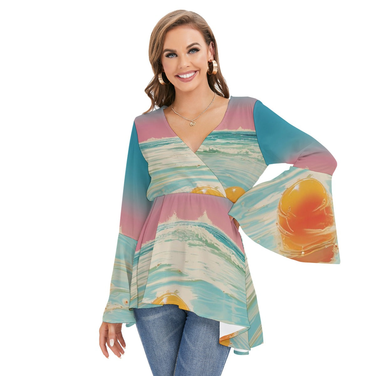 All-Over Print Women's V-neck Blouse With Flared Sleeves
