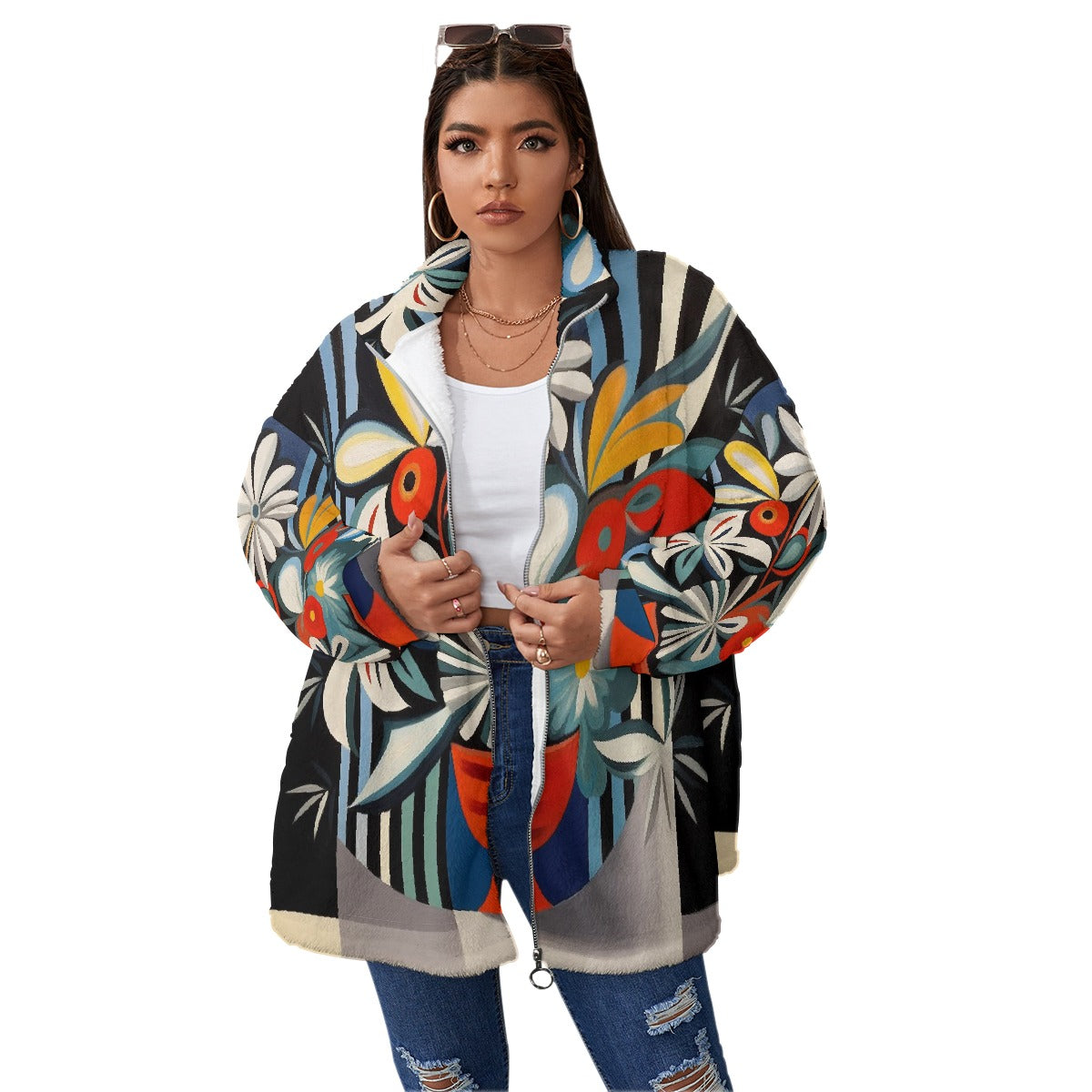 All-Over Print Unisex Borg Fleece Stand-up Collar Coat With Zipper Closure(Plus Size)