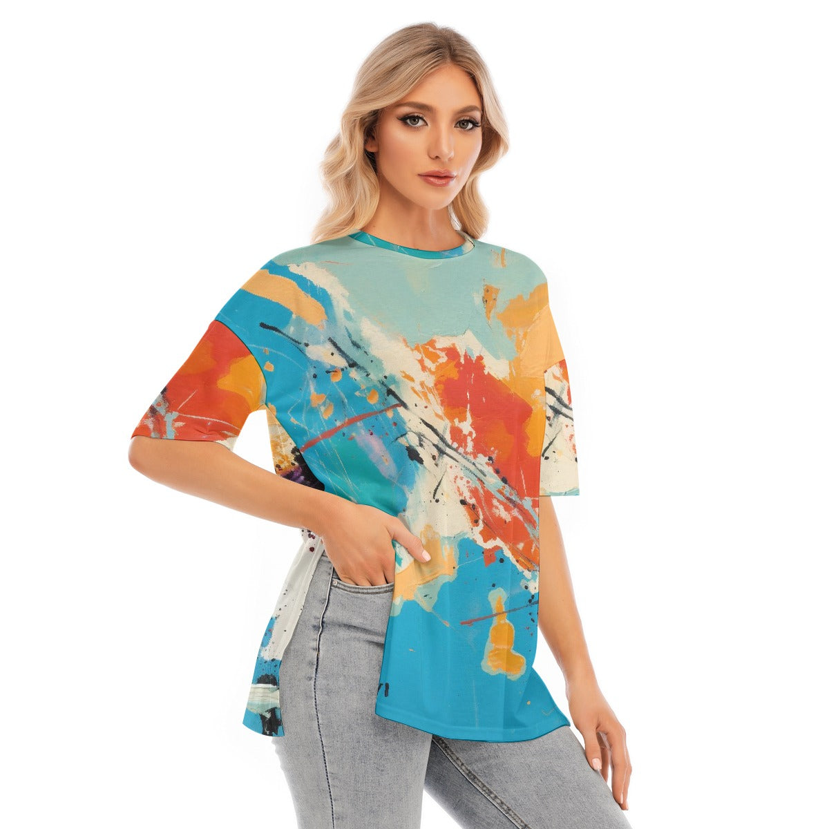 All-Over Print Women's Short Sleeves T-shirt With Hem Split