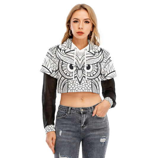 All-Over Print Women's Fake Two-piece Mesh Sleeve Cropped Hoodie